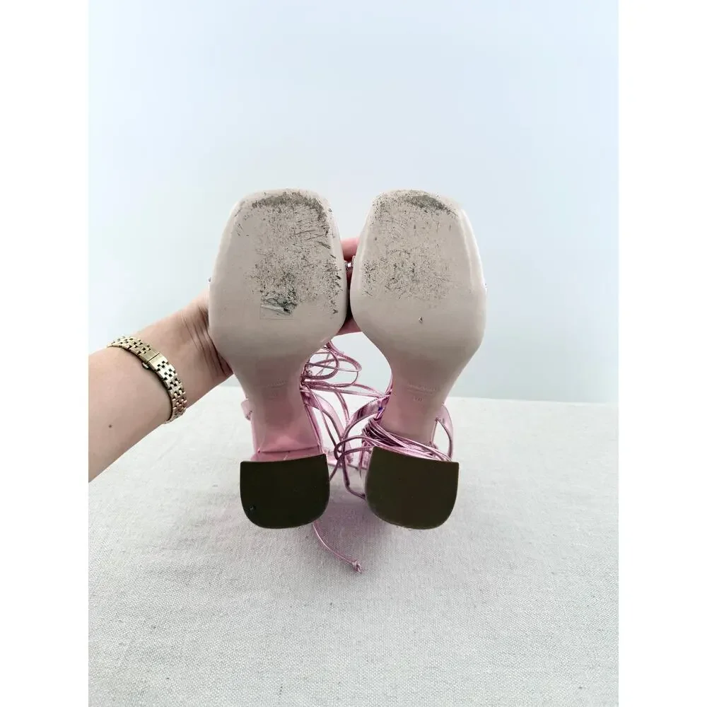 Miu Miu Metallic Leather Wrap-Around Ankle Lace Strappy Sandals Pink Women EU 40